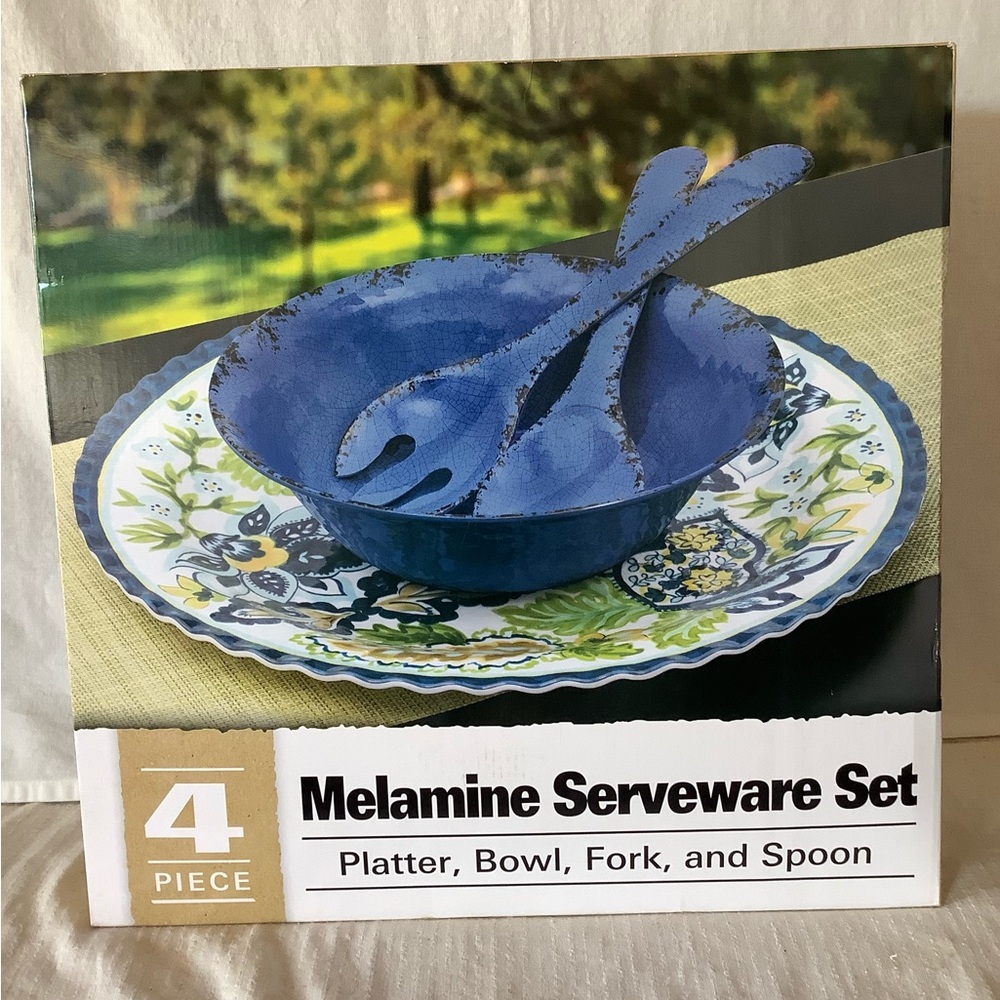 NWT Beautiful Large Cobalt Blue and Floral Melamine Serveware Set NIB